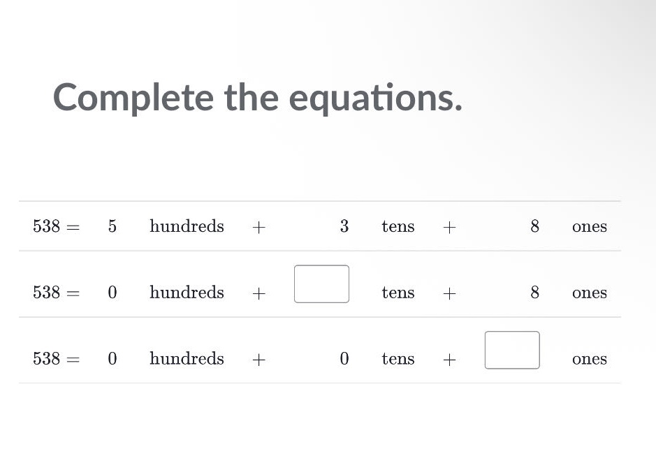complete the equations. 538 = 5 hundreds + 3 tens + 8 ones 538 = 0 hund…