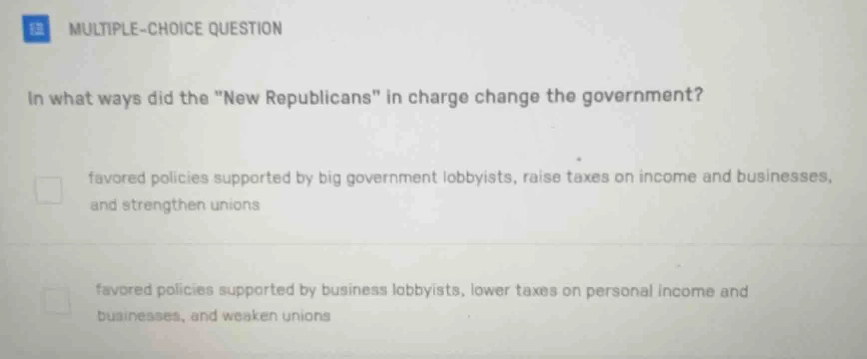 multiple-choice question in what ways did the ew republicans\ in charge…
