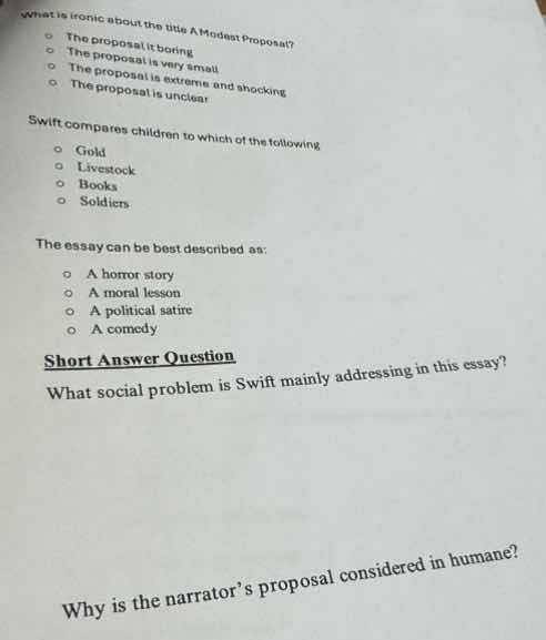what is ironic about the title a modest proposal? the proposal is borin…