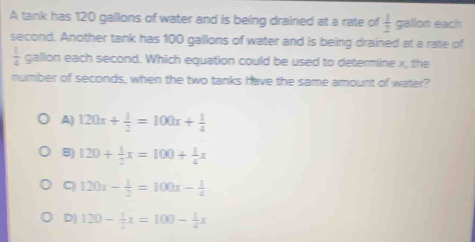a tank has 120 gallons of water and is being drained at a rate of \\(\\…