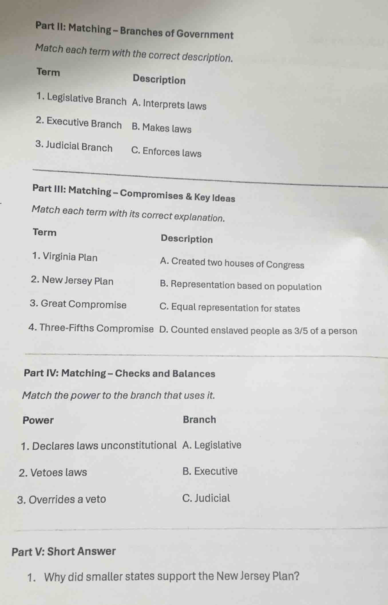 part ii: matching – branches of government match each term with the cor…