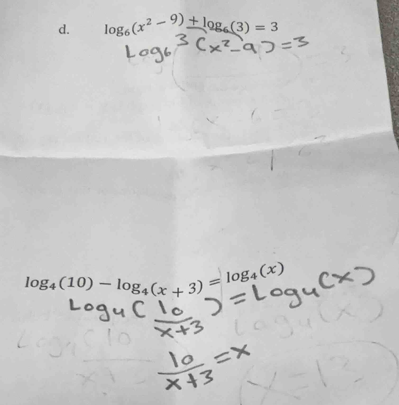 d. \\(\\log_{6}(x^{2} - 9) + \\log_{6}(3) = 3\\)\\(\\log_{4}(10) - \\lo…