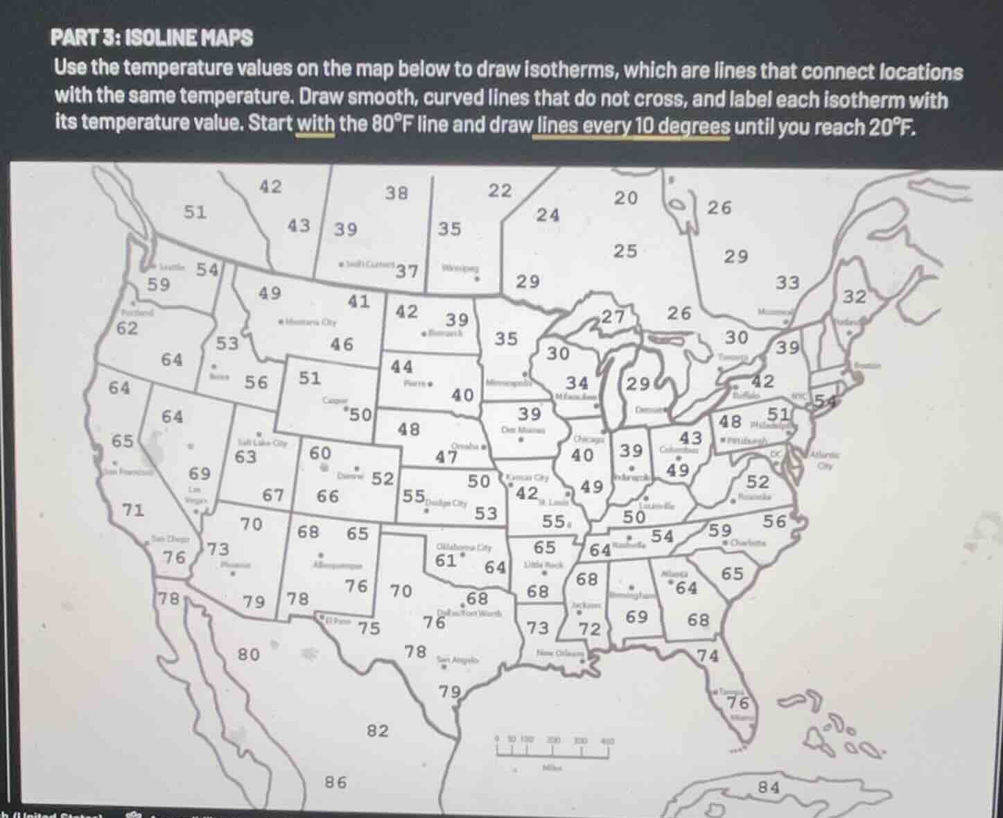 part 3: isoline maps use the temperature values on the map below to dra…