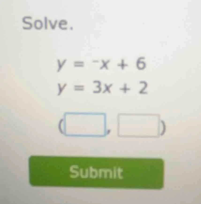 solve. $y = -x + 6$ $y = 3x + 2$ ( , ) submit