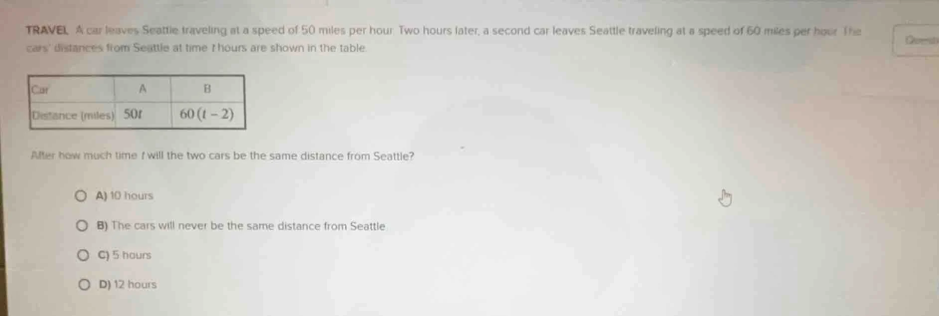 travel a car leaves seattle traveling at a speed of 50 miles per hour. …