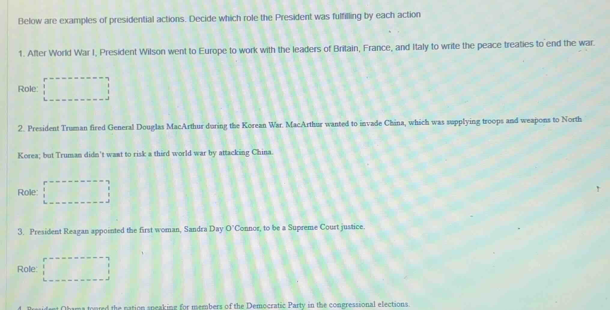 below are examples of presidential actions. decide which role the presi…
