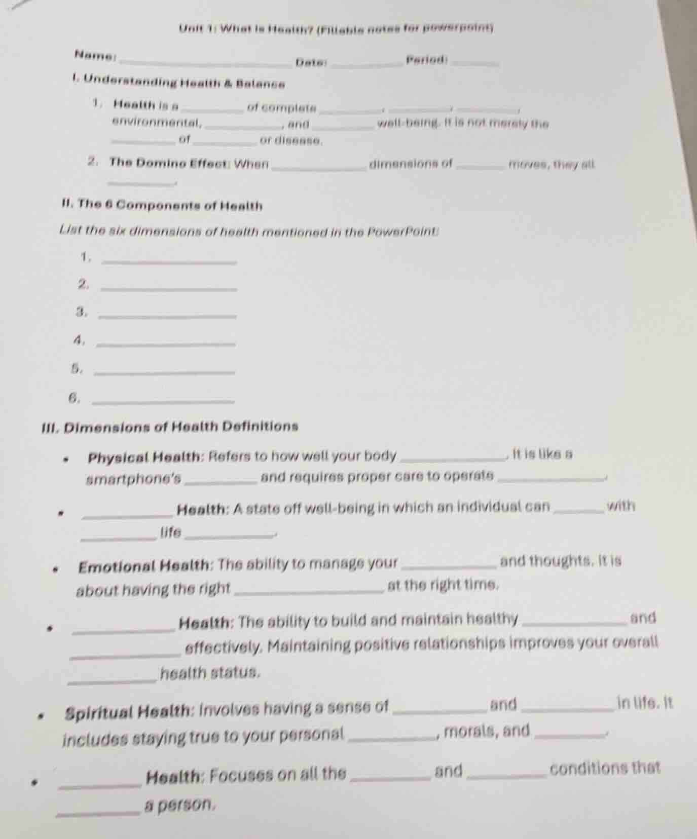 unit 1: what is healthy? (fillable notes for powerpoint) name: ________…