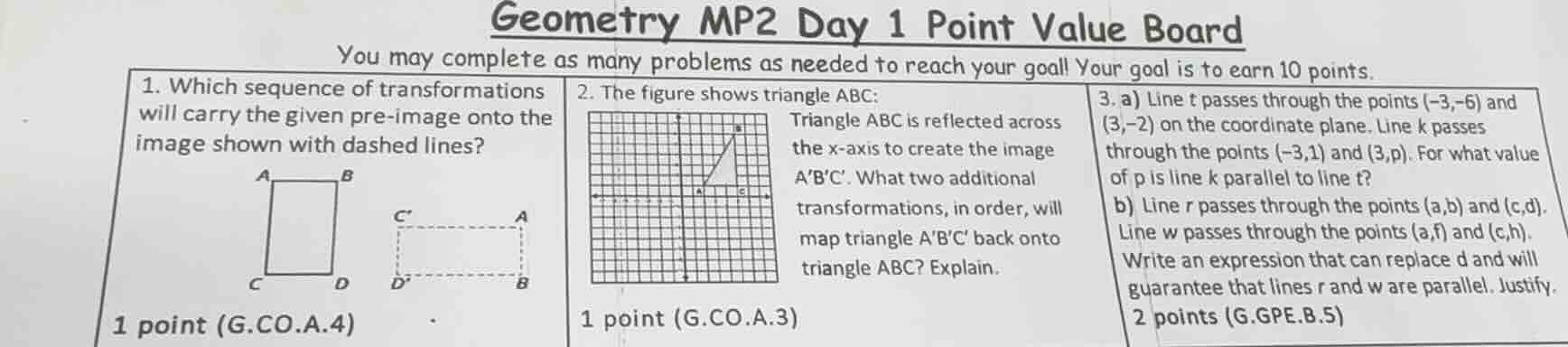 geometry mp2 day 1 point value board you may complete as many problems …