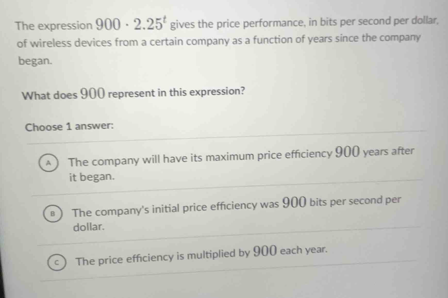 the expression $900 \\cdot 2.25^t$ gives the price performance, in bits…