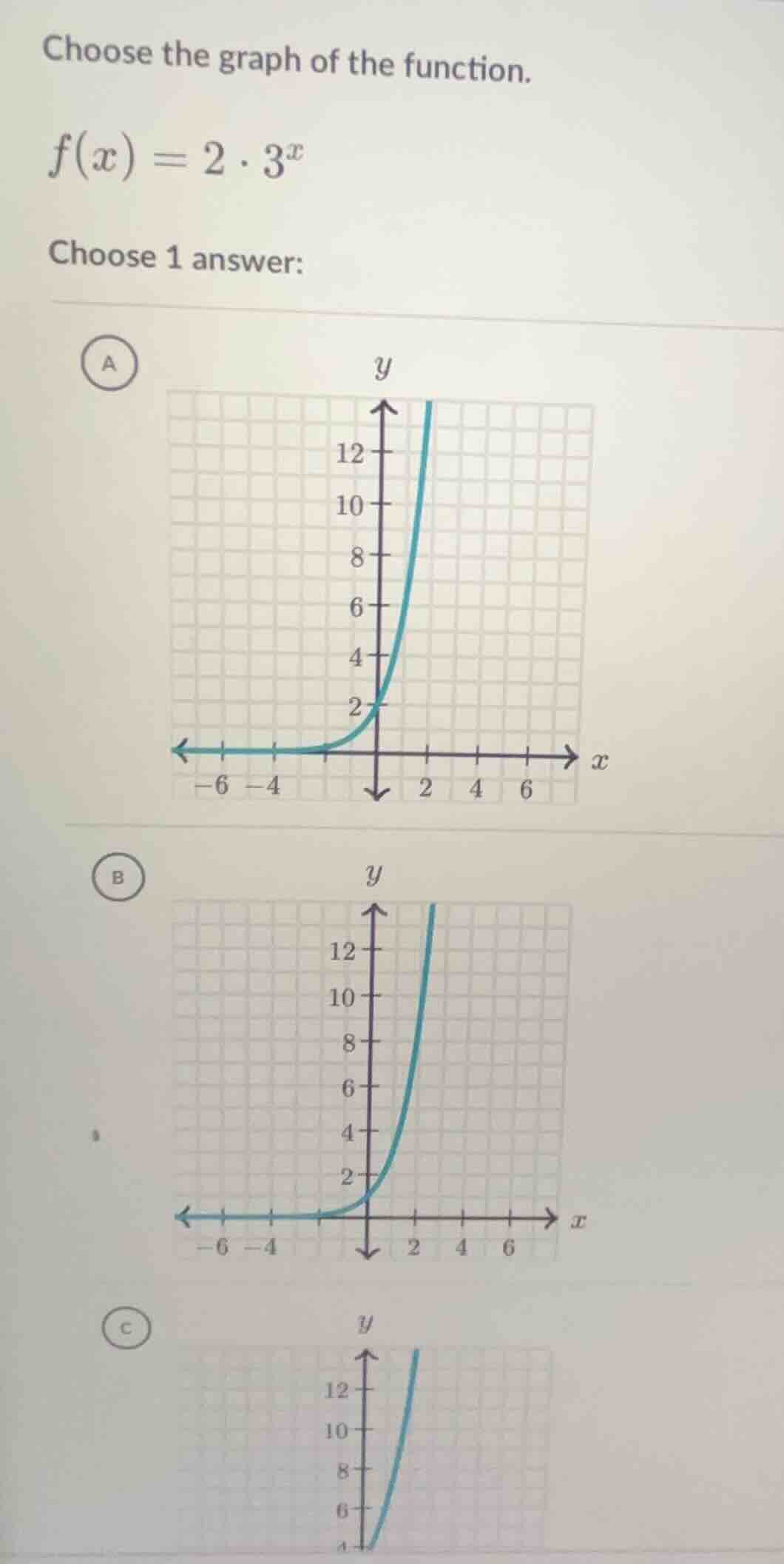 choose the graph of the function. $f(x) = 2 \\cdot 3^x$ choose 1 answer…