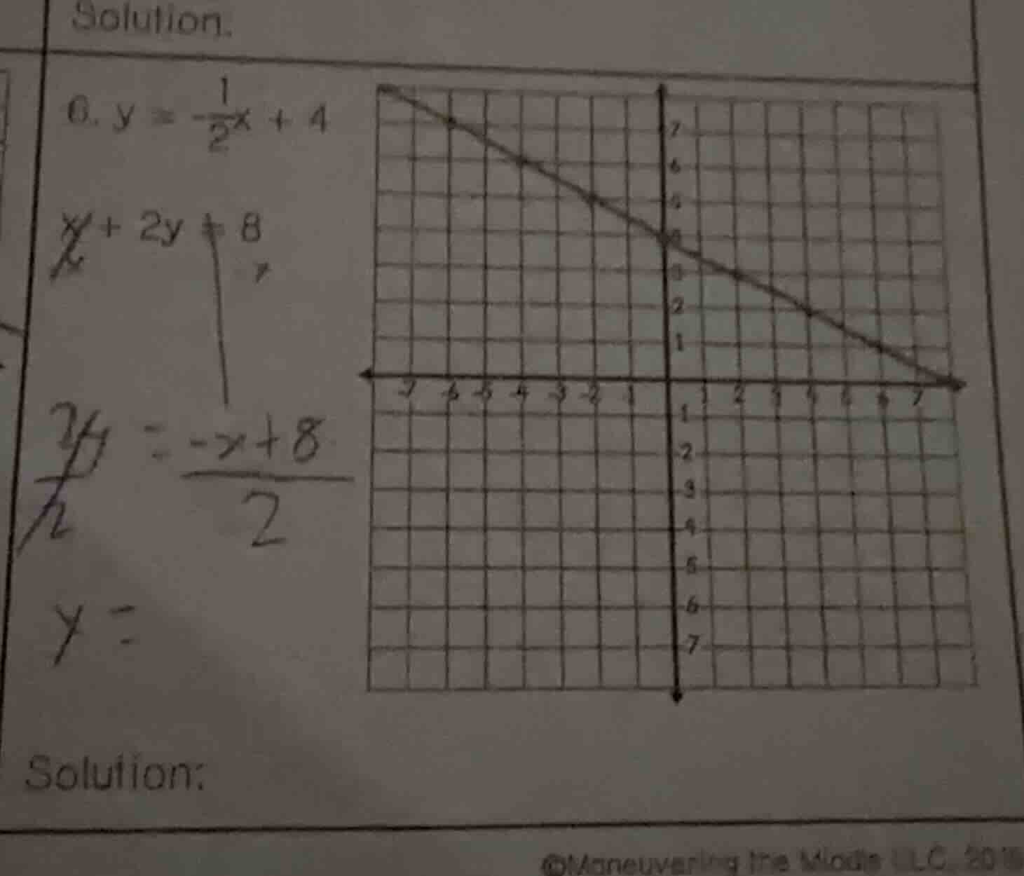 solution. 6. $y = -\frac{1}{2}x + 4$ $x + 2y = 8$ $y = \\frac{-x + 8}{2…