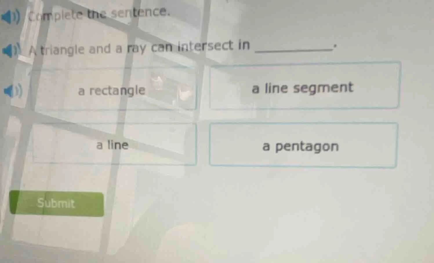complete the sentence. a triangle and a ray can intersect in ______. op…