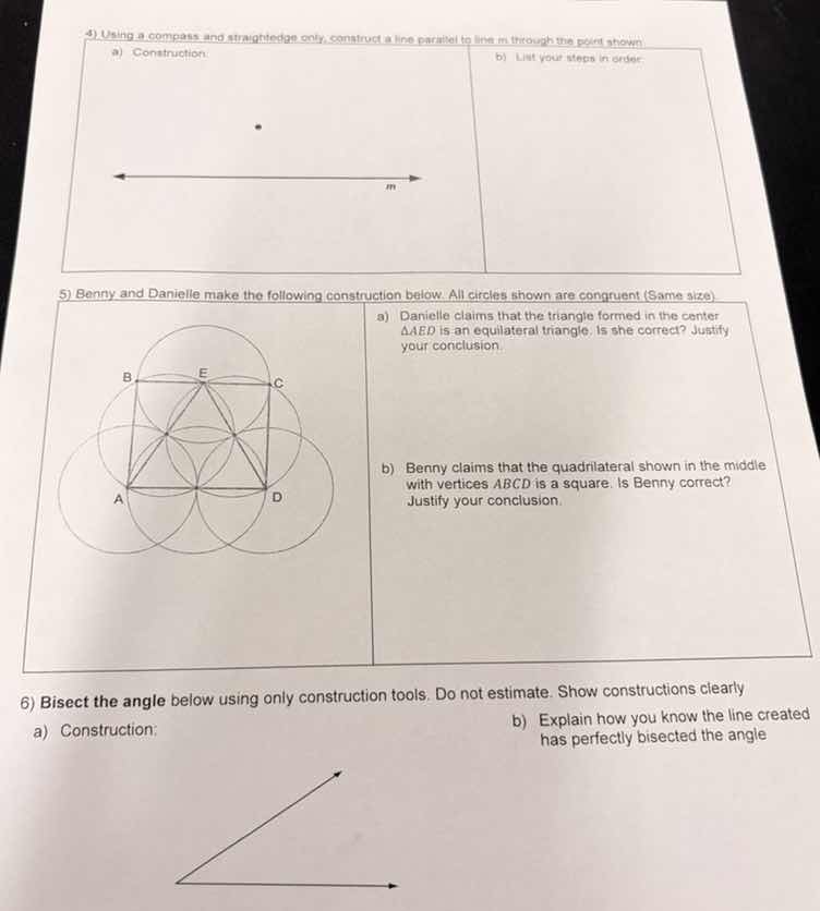 4) using a compass and straightedge only, construct a line parallel to …