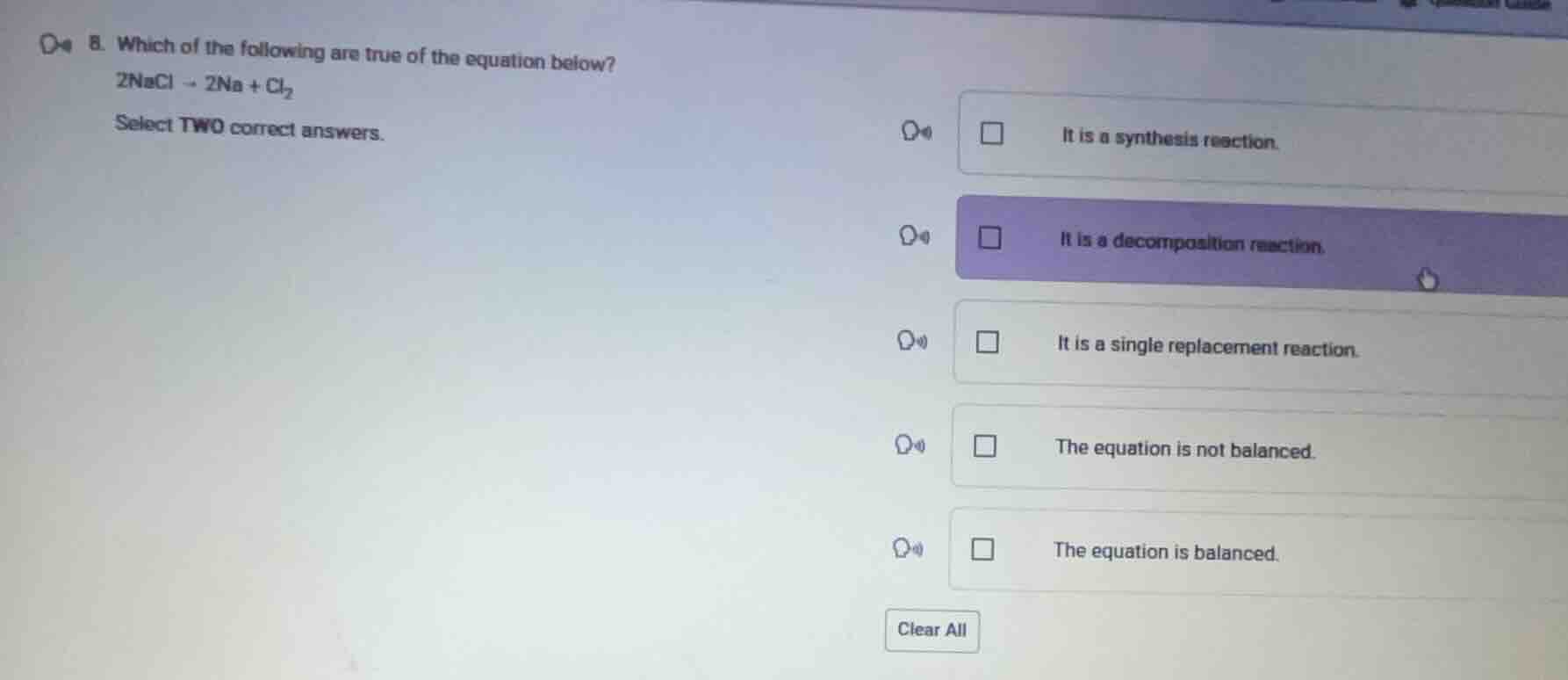 8. which of the following are true of the equation below? $2\\ce{nacl} …