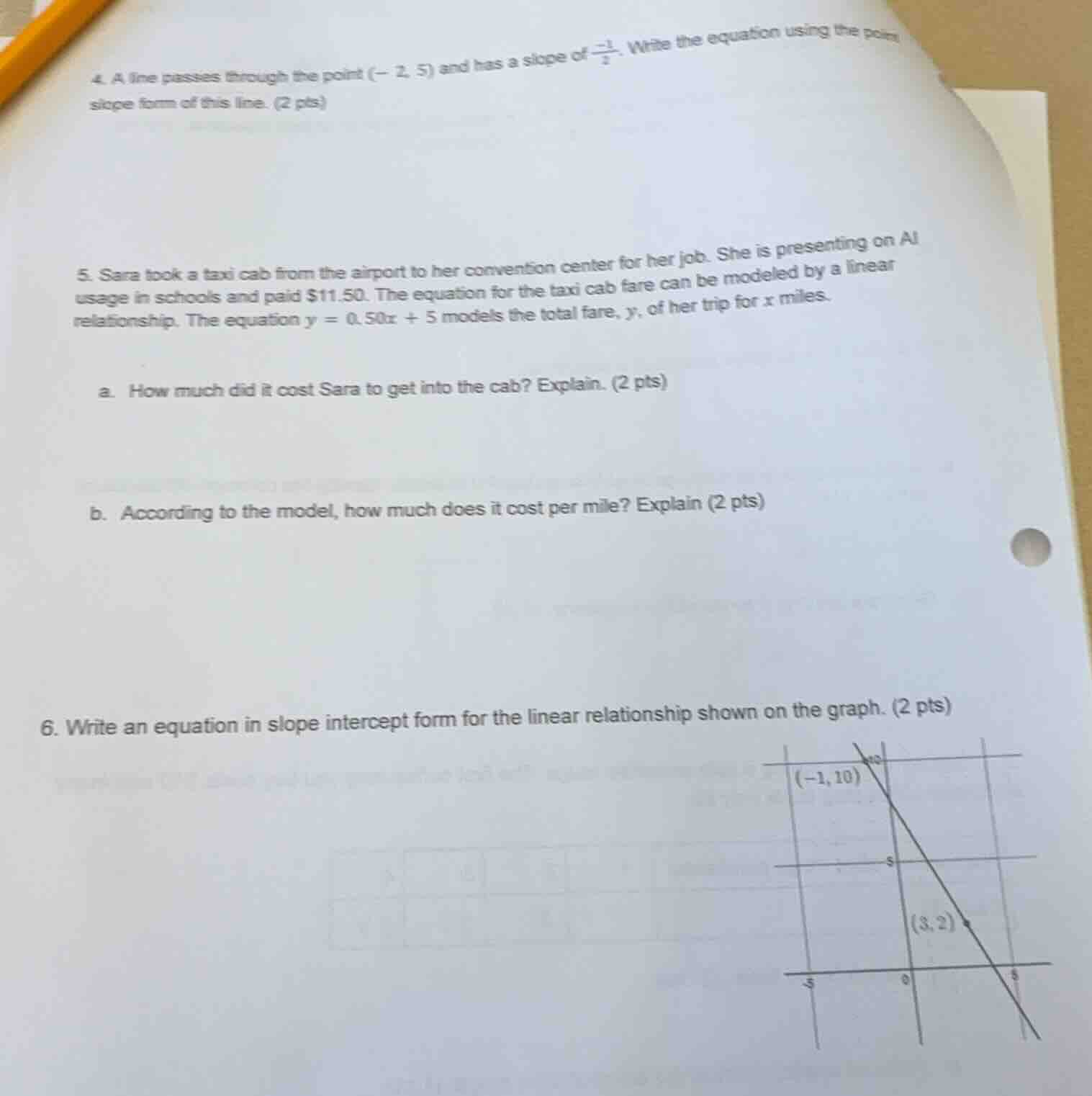 4. a line passes through the point (- 2, 5) and has a slope of \\(\\fra…