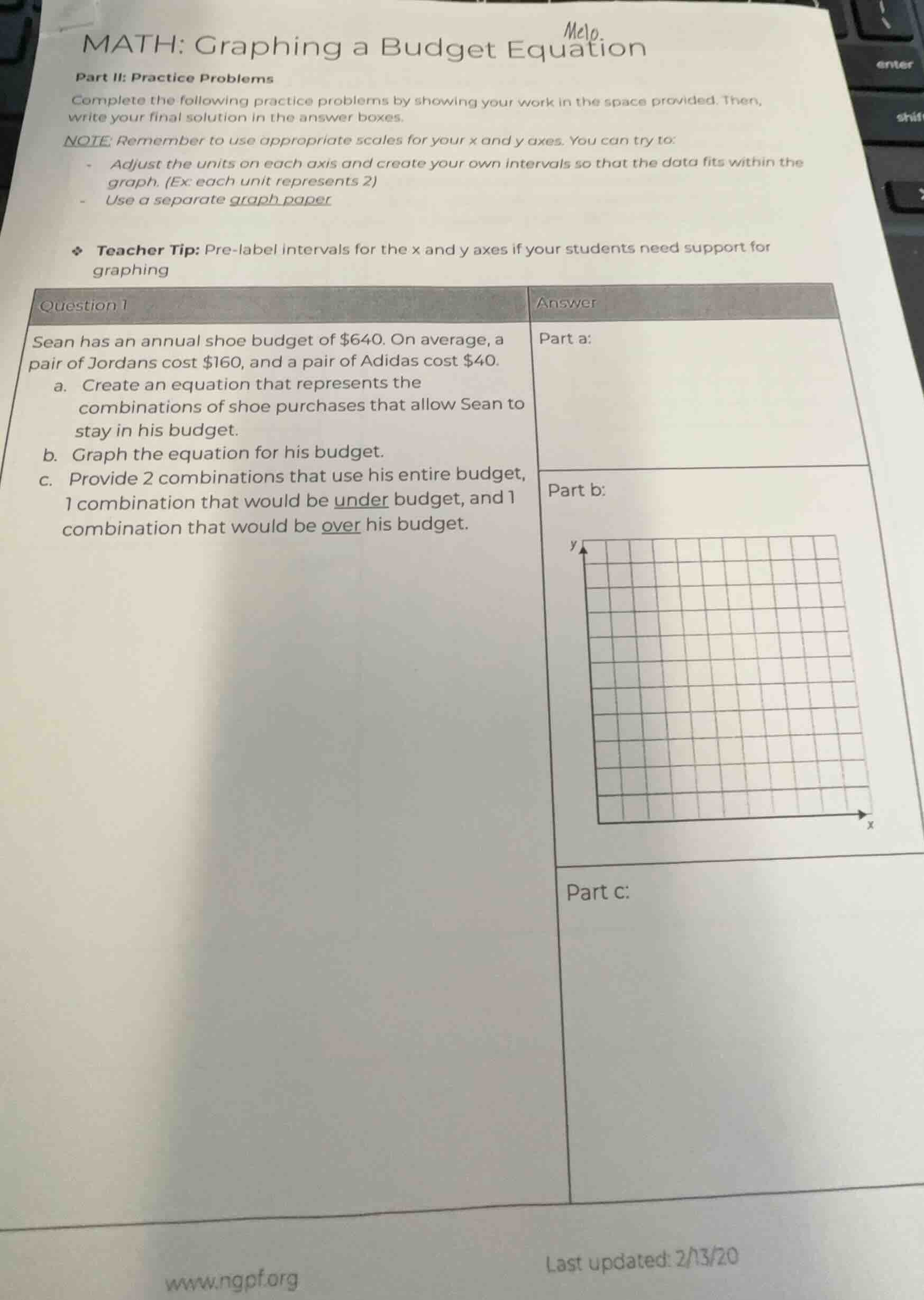 math: graphing a budget equation part ii: practice problems complete th…