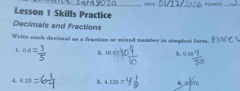 date 01/22/2026 period lesson 1 skills practice decimals and fractions …