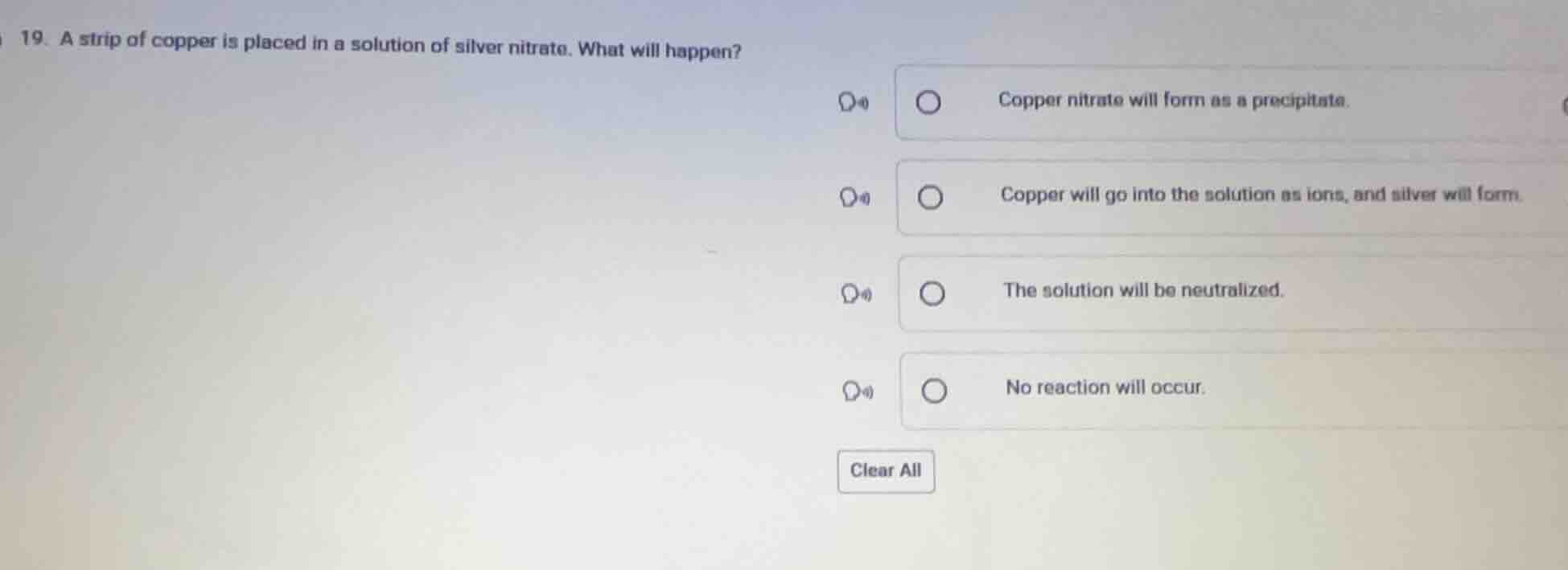 19. a strip of copper is placed in a solution of silver nitrate. what w…