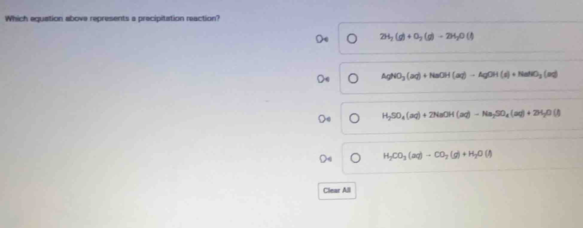 which equation above represents a precipitation reaction? \\( 2h_2(g) +…
