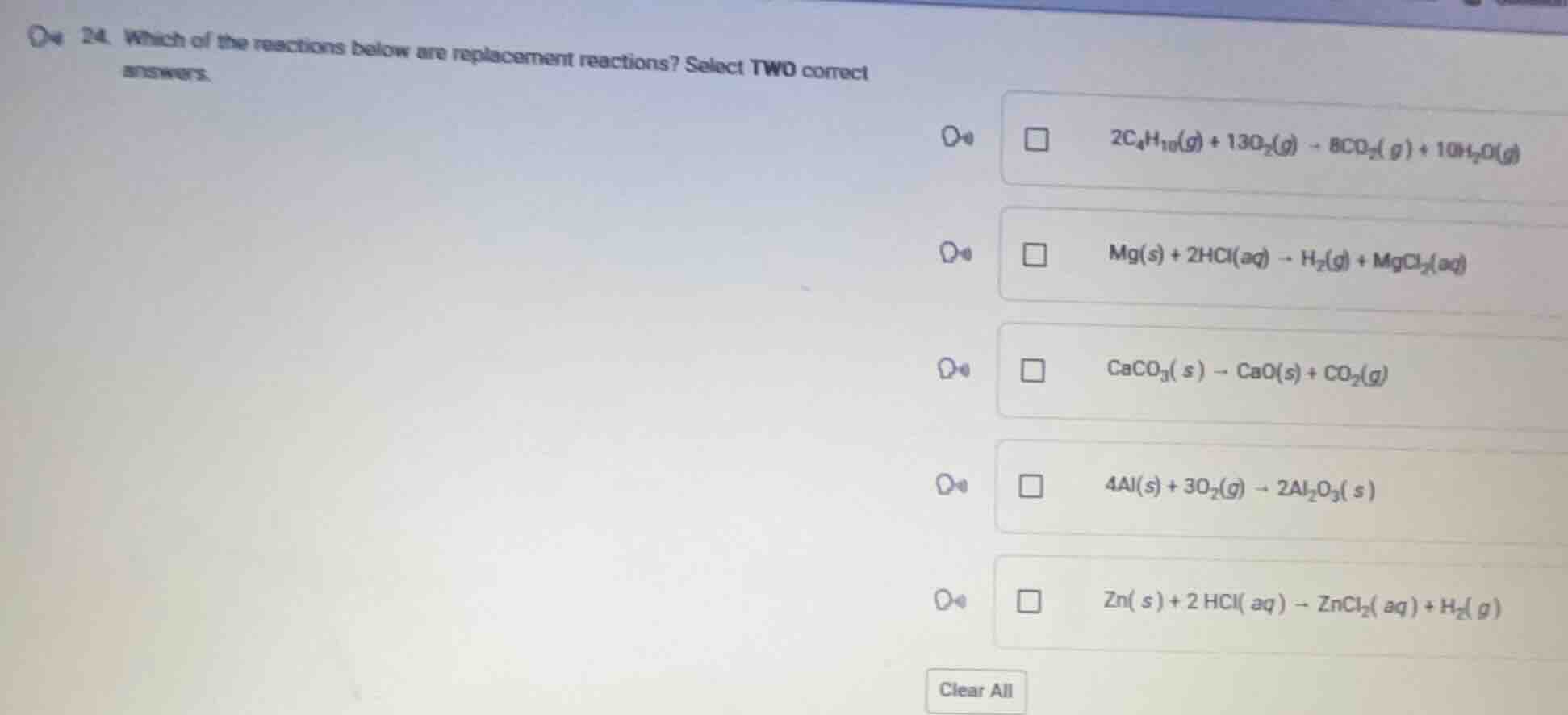 24. which of the reactions below are replacement reactions? select two …