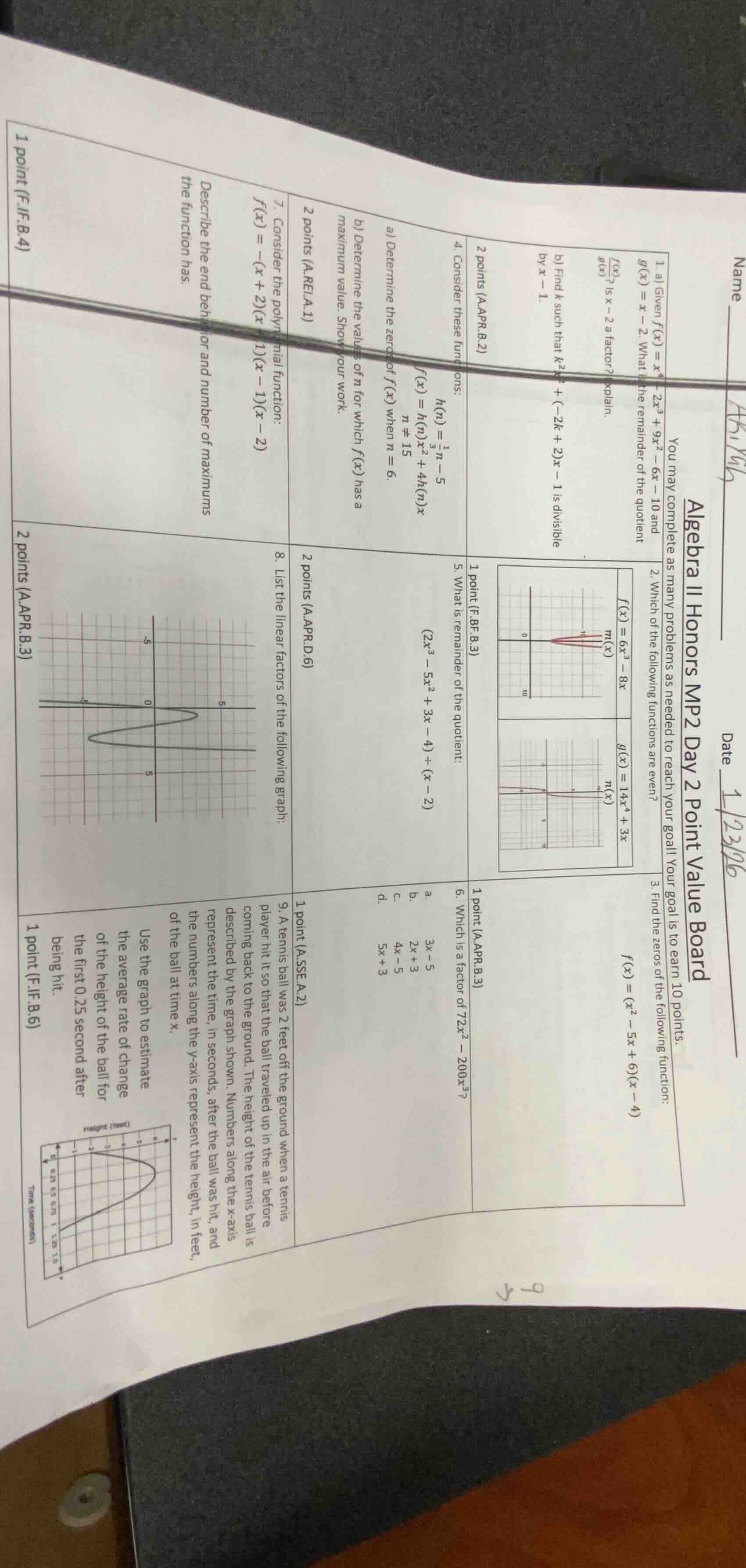 algebra ii honors mp2 day 2 point value board you may complete as many …