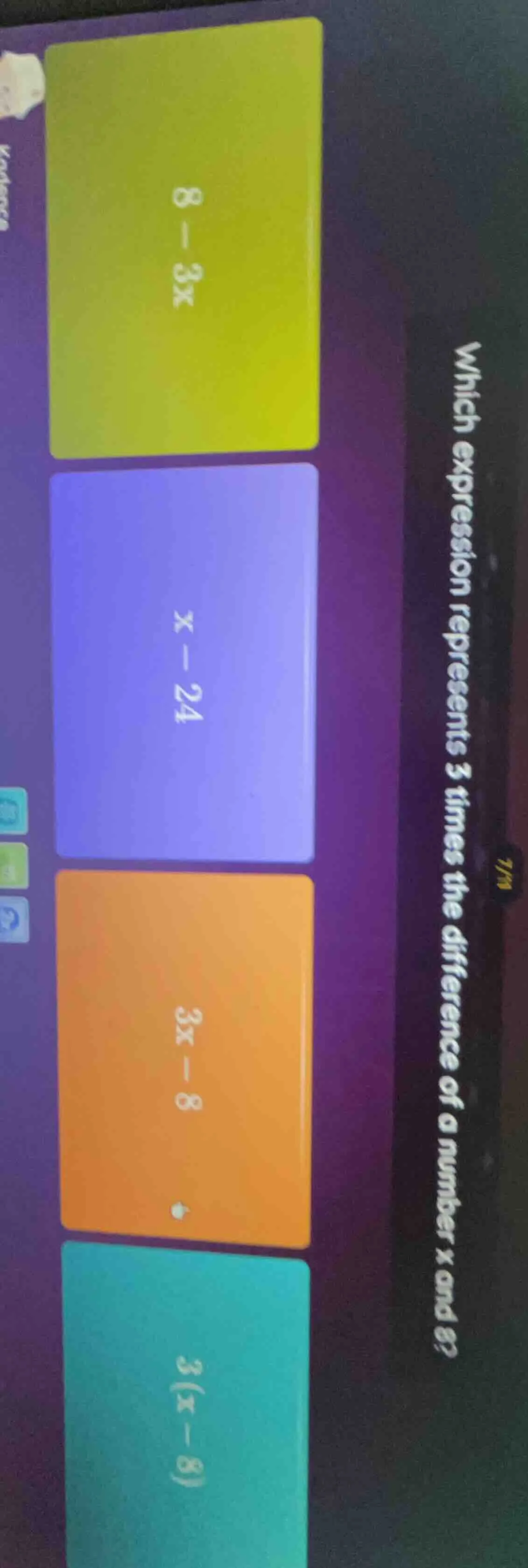 which expression represents 3 times the difference of a number x and 8?…