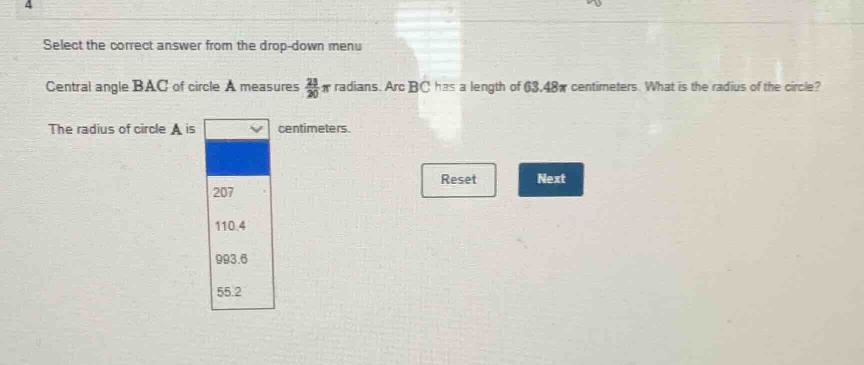 select the correct answer from the drop - down menu central angle bac o…
