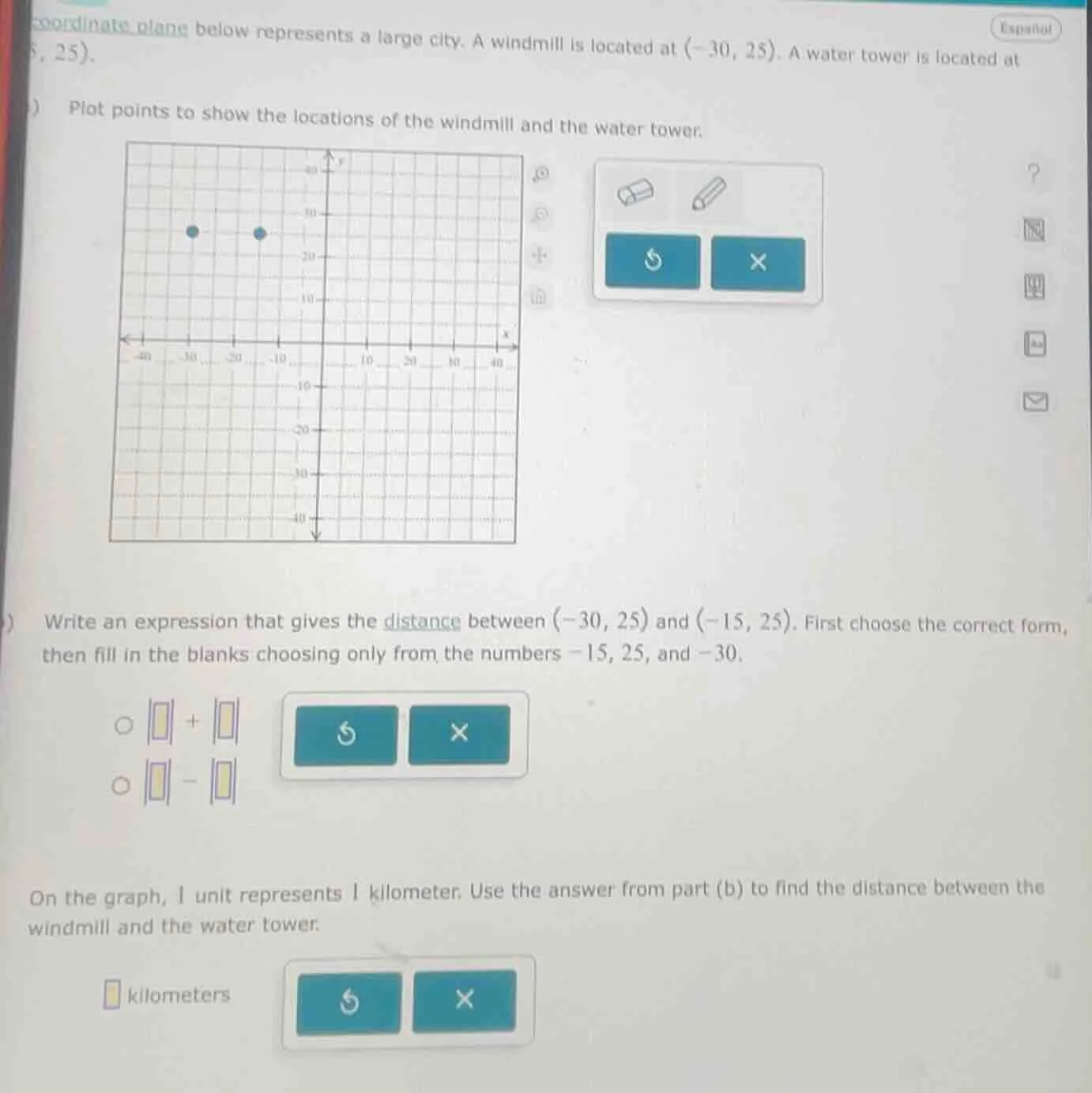 coordinate plane below represents a large city. a windmill is located a…