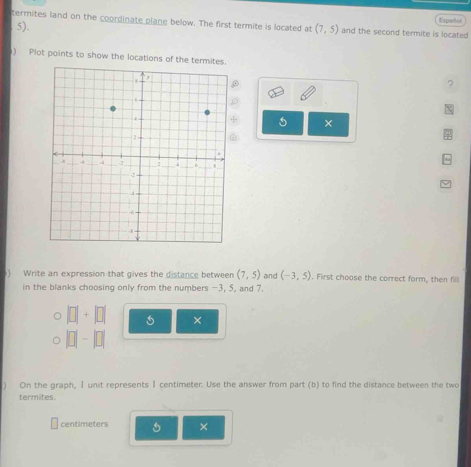 termites land on the coordinate plane below. the first termite is locat…