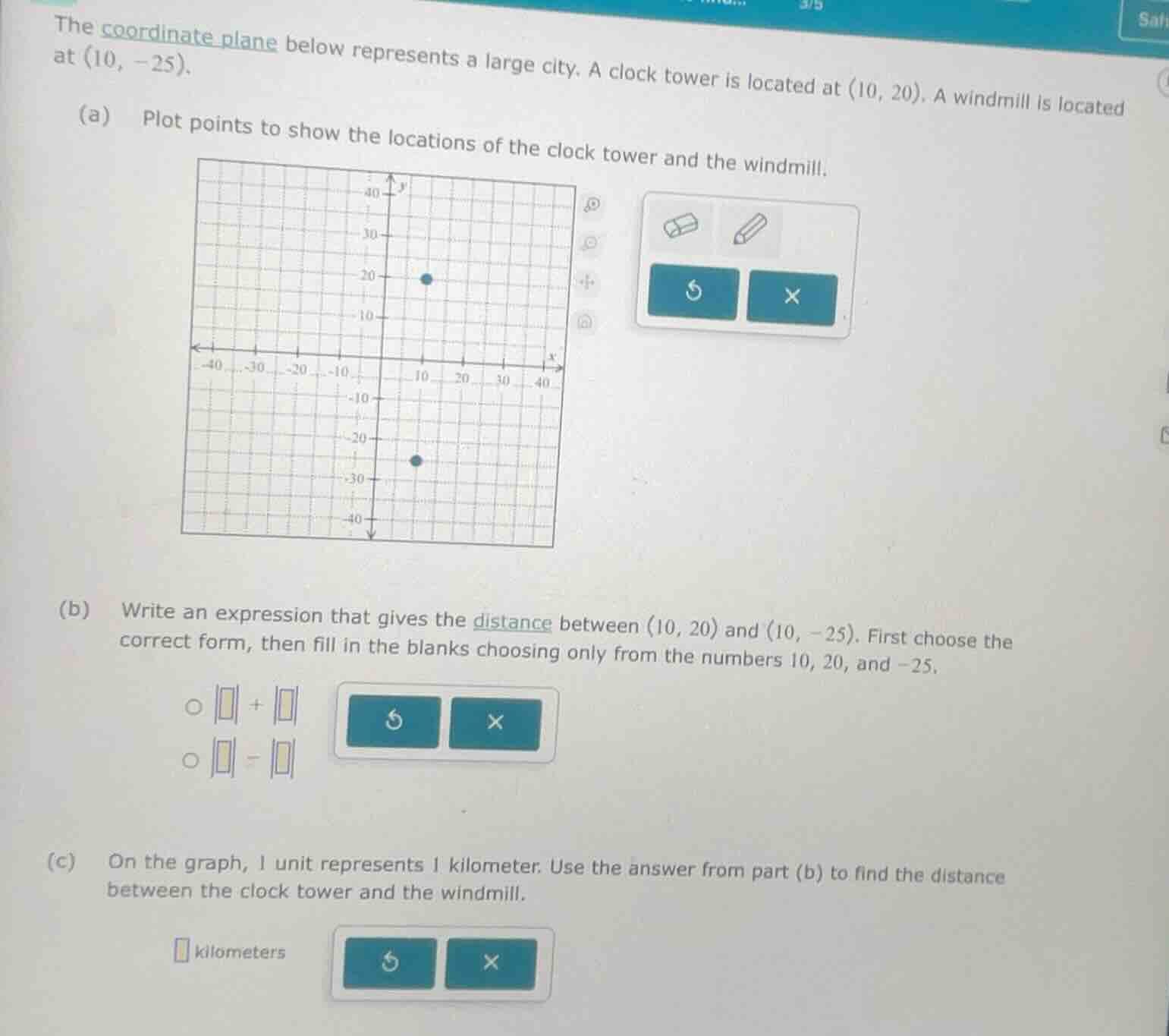 the coordinate plane below represents a large city. a clock tower is lo…