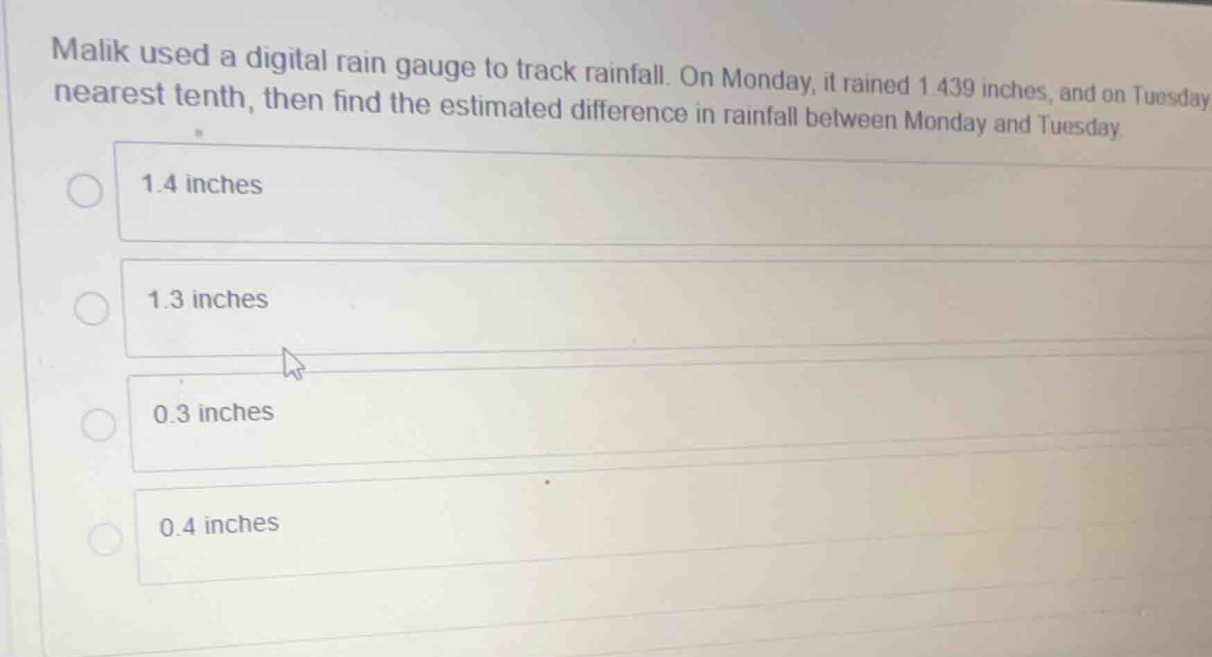 malik used a digital rain gauge to track rainfall. on monday, it rained…