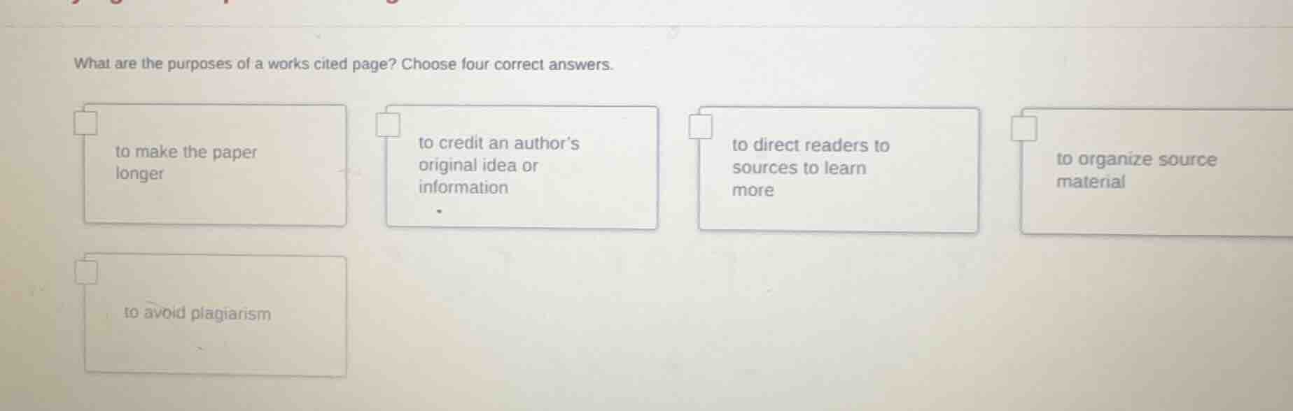what are the purposes of a works cited page? choose four correct answer…