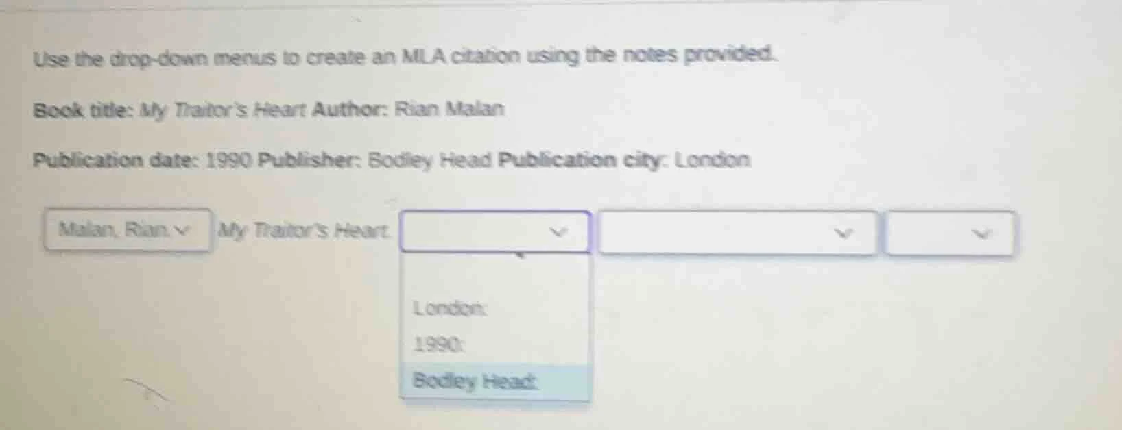 use the drop - down menus to create an mla citation using the notes pro…