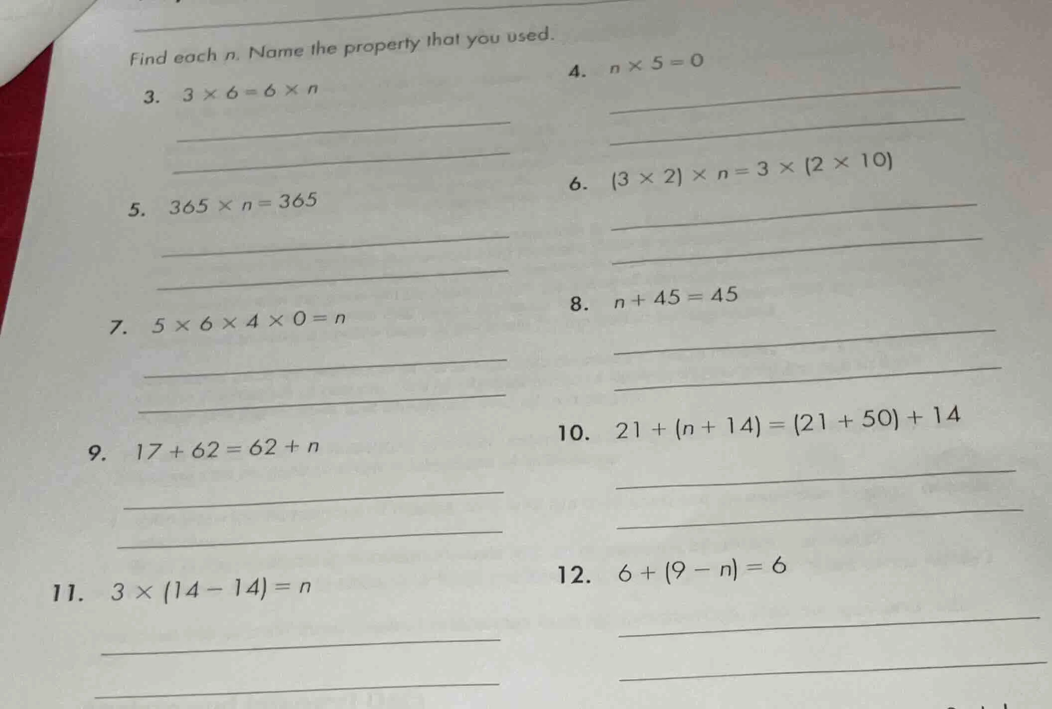 find each n. name the property that you used. 3. $3 \\times 6 = 6 \\tim…