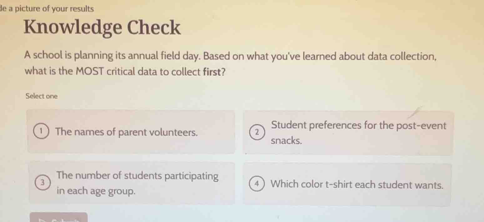 knowledge check a school is planning its annual field day. based on wha…