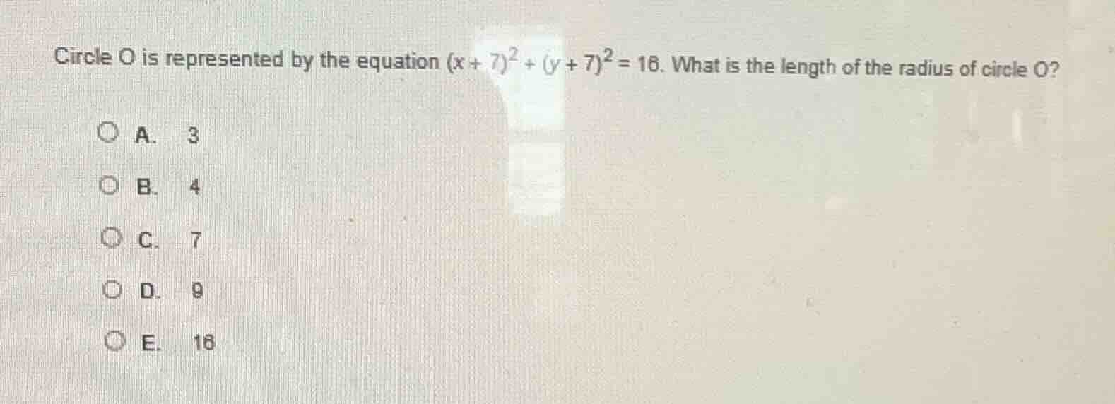 circle o is represented by the equation ((x + 7)^2 + (y + 7)^2 = 16). w…