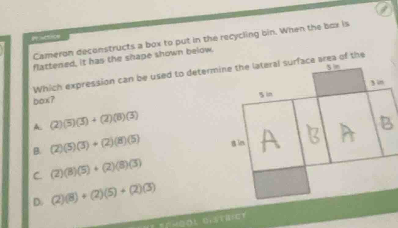 cameron deconstructs a box to put in the recycling bin. when the box is…