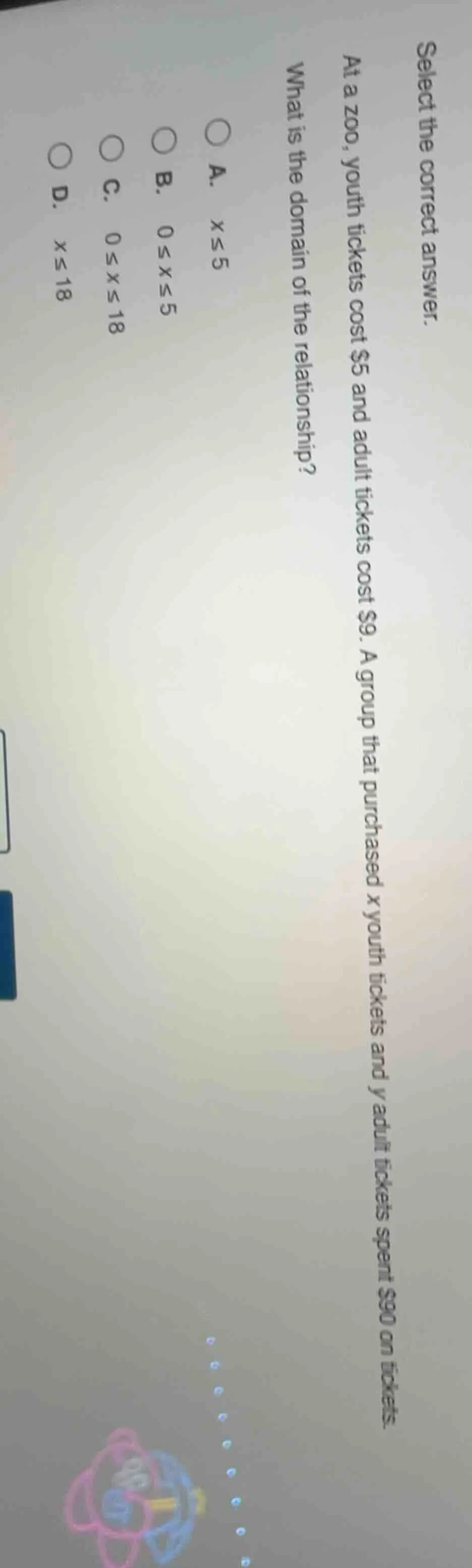 select the correct answer. at a zoo, youth tickets cost $5 and adult ti…