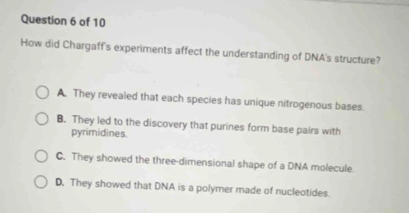 question 6 of 10 how did chargaff’s experiments affect the understandin…