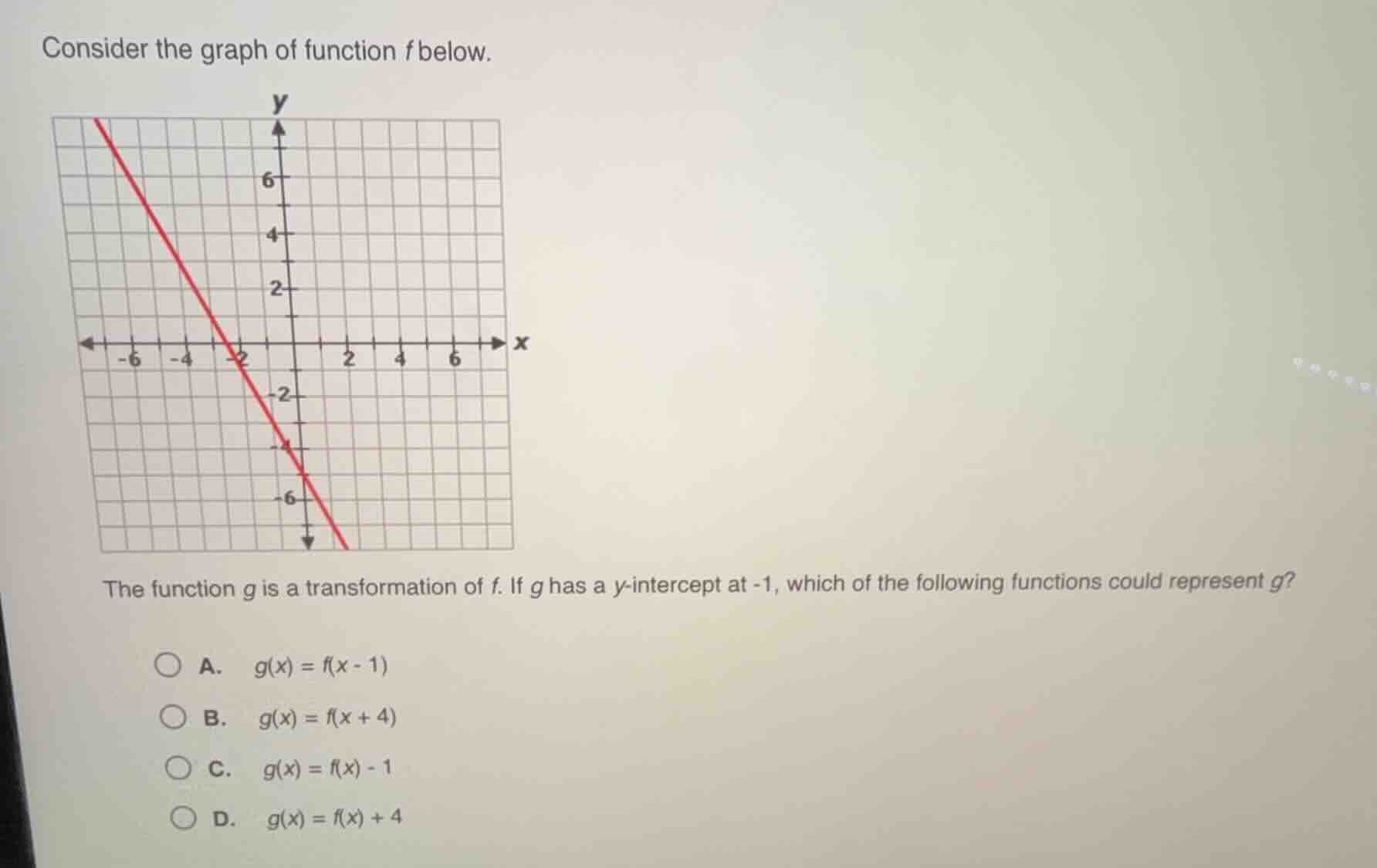 consider the graph of function f below. the function g is a transformat…