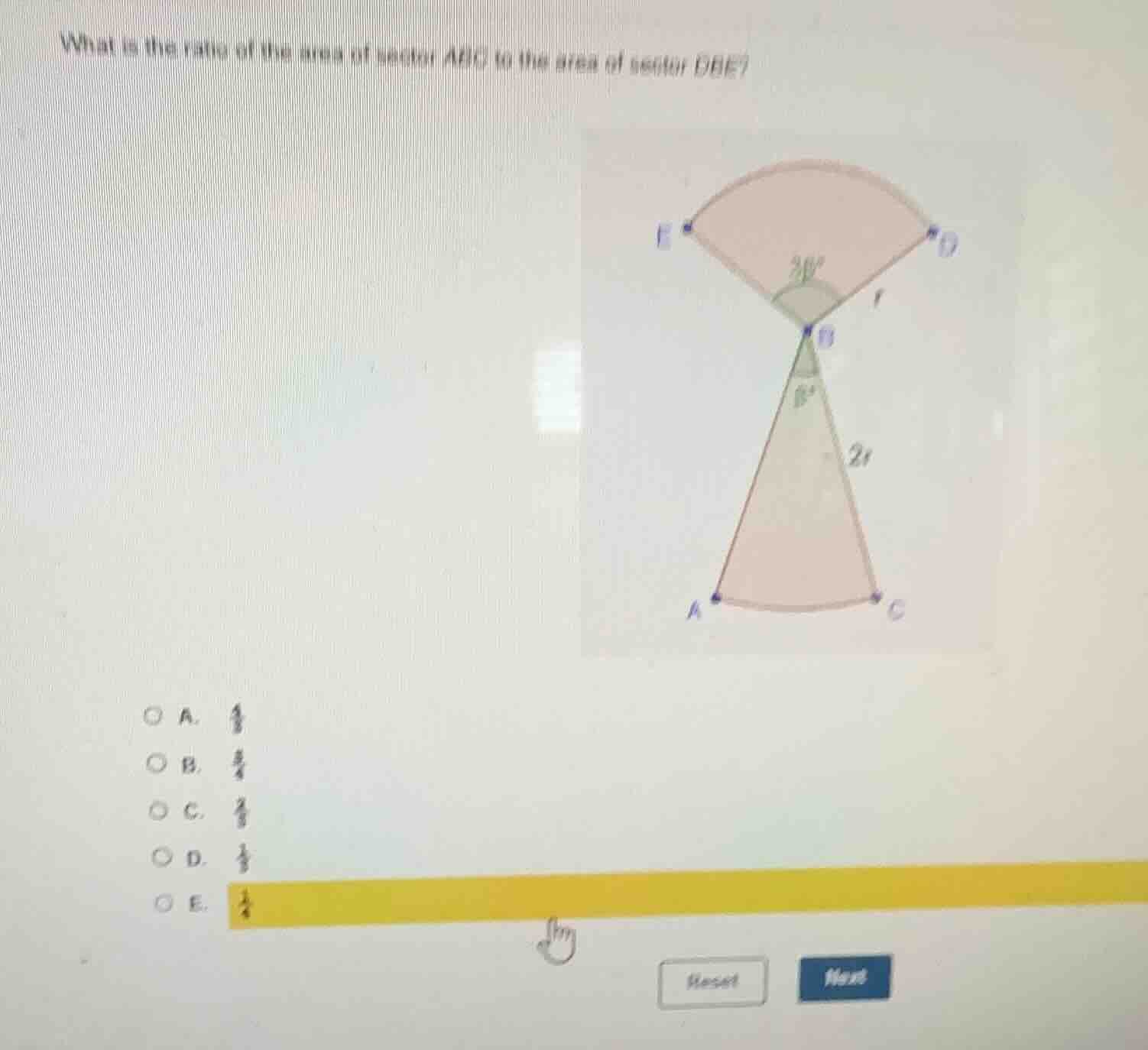 what is the ratio of the area of sector abc to the area of sector dbe? …