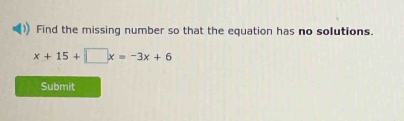 find the missing number so that the equation has no solutions. x + 15 +…