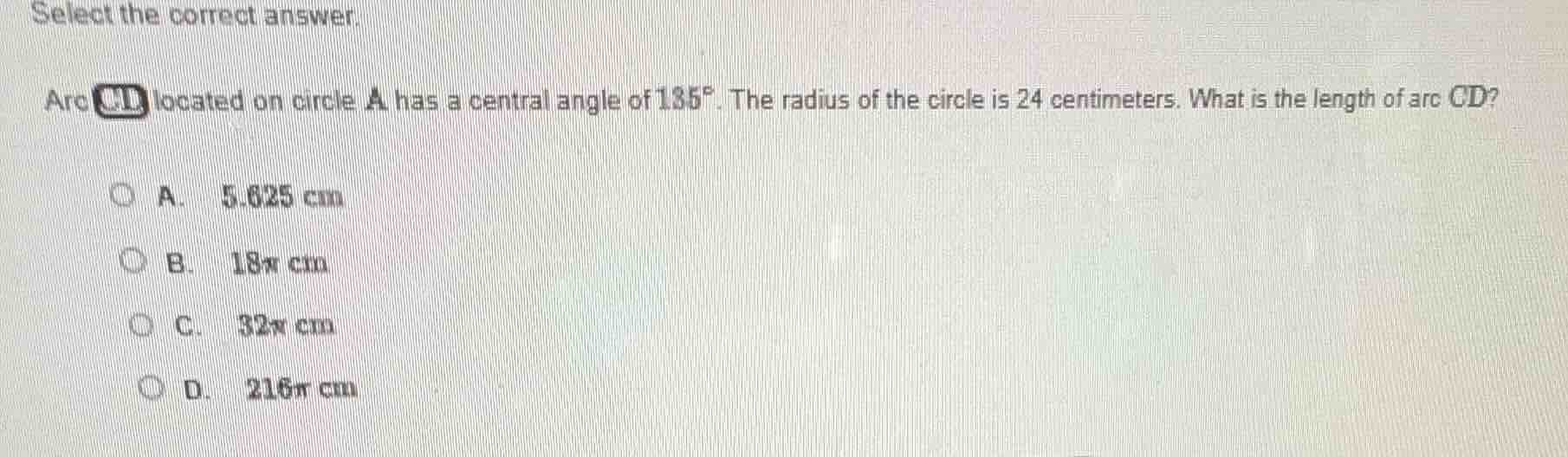 select the correct answer. arc cd located on circle a has a central ang…