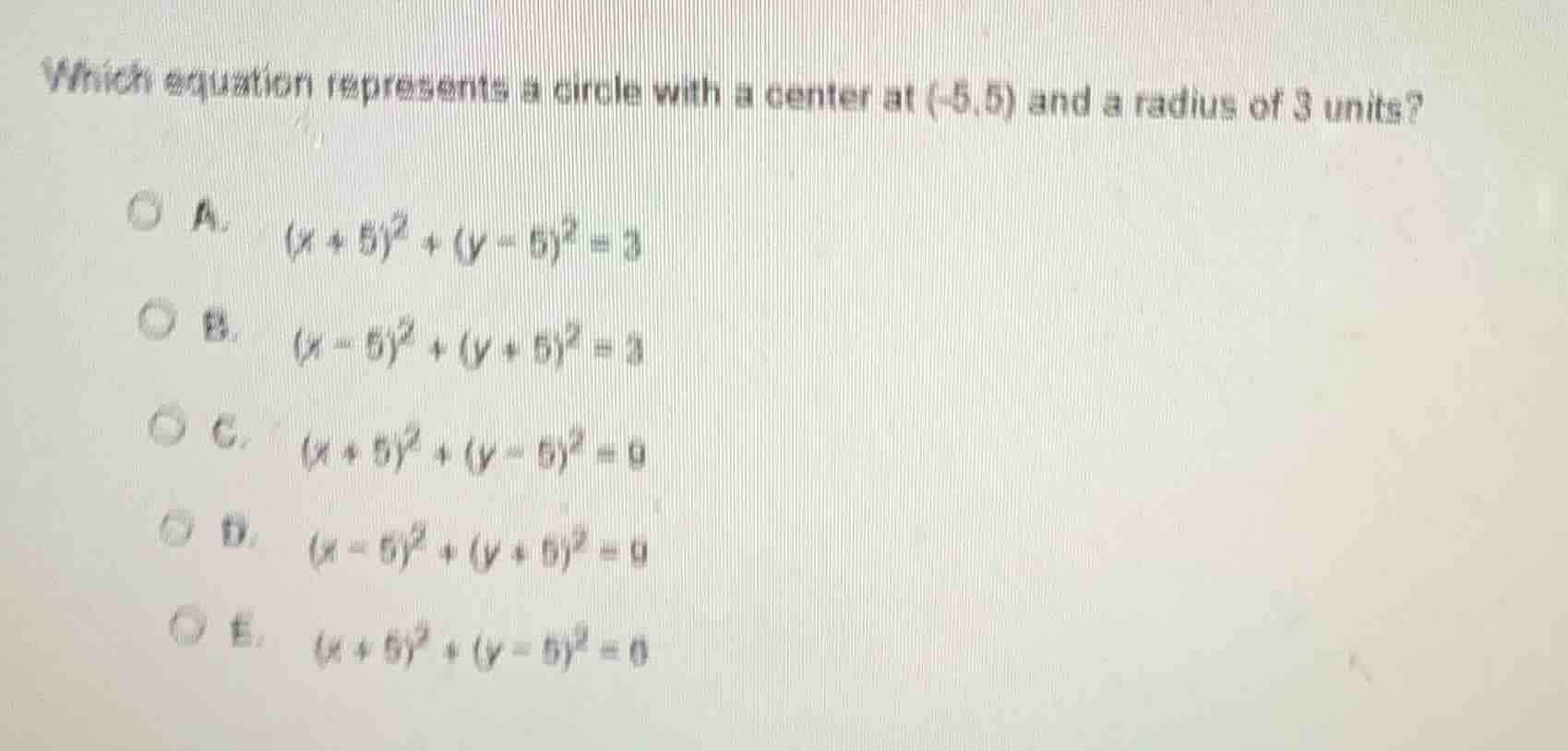 which equation represents a circle with a center at (-5,5) and a radius…
