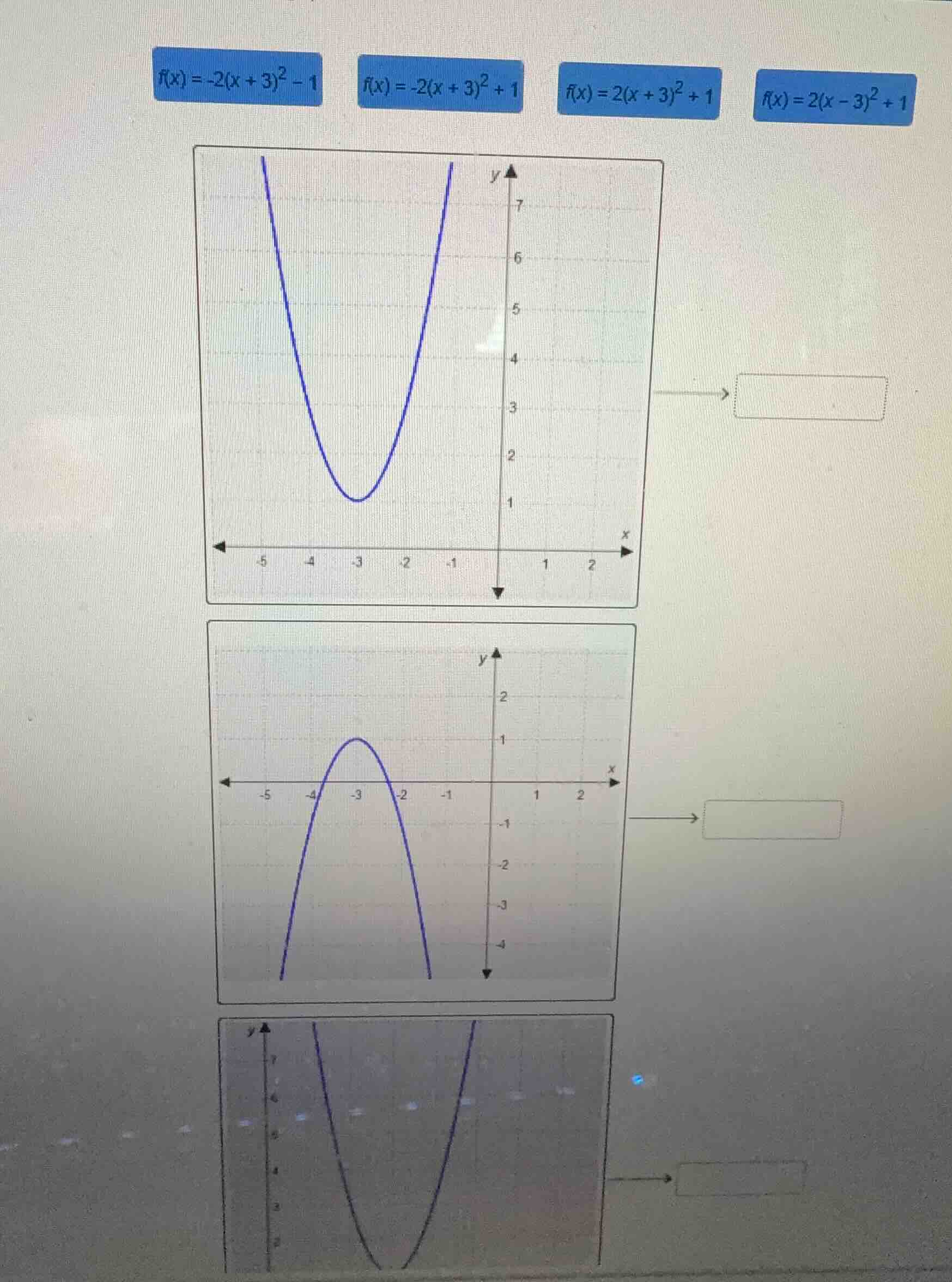 f(x) = -2(x + 3)^2 - 1; f(x) = -2(x + 3)^2 + 1; f(x) = 2(x + 3)^2 + 1; …