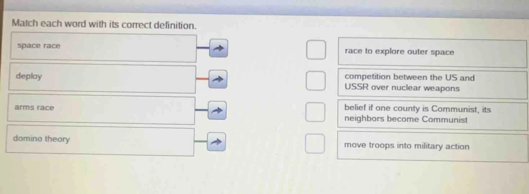 match each word with its correct definition. space race deploy arms rac…