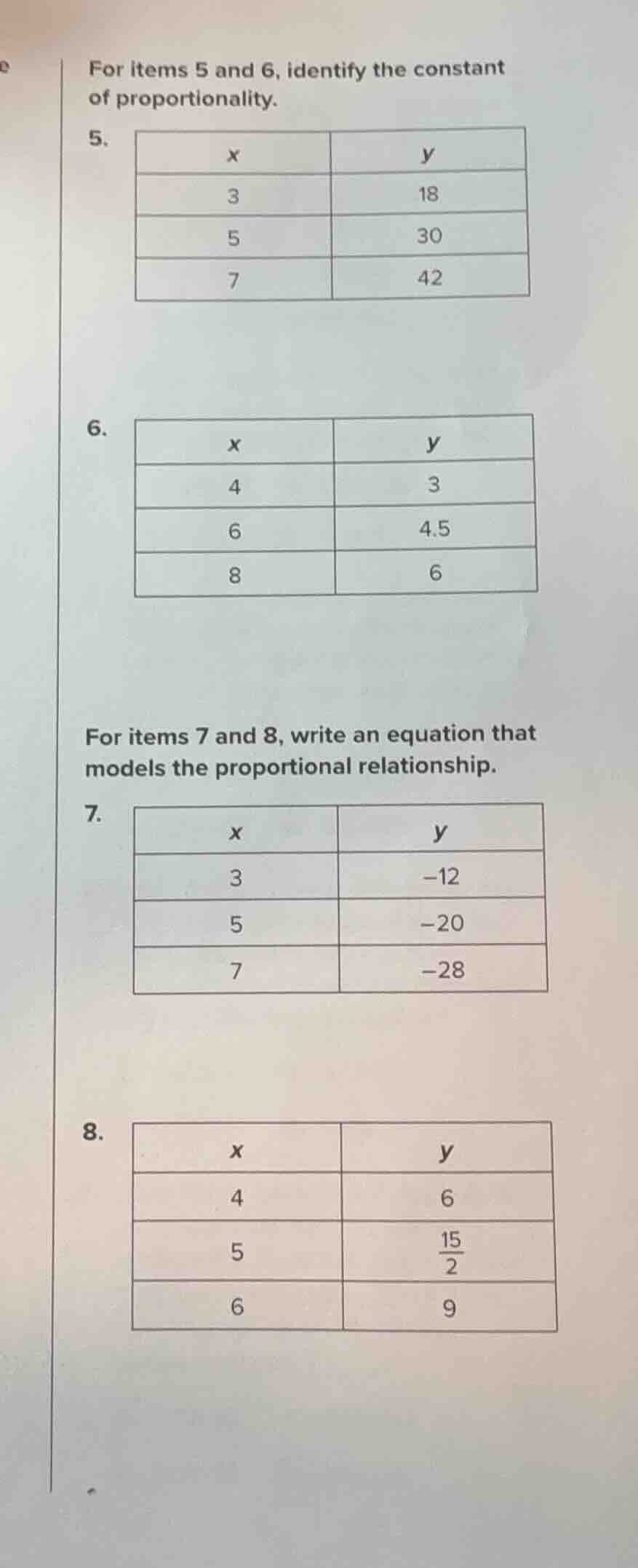 for items 5 and 6, identify the constant of proportionality. 5. | x | y…