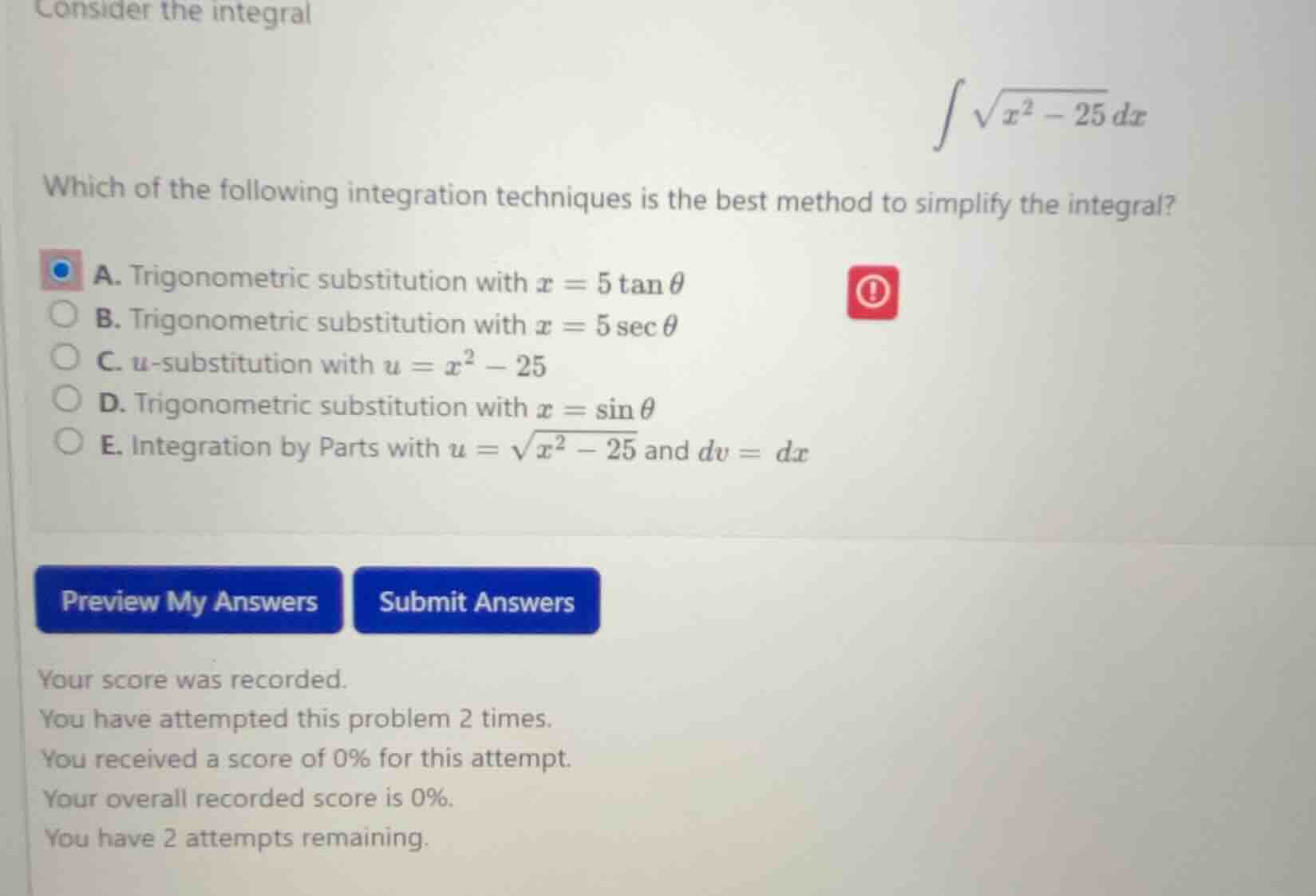 consider the integral \\(\\int \\sqrt{x^2 - 25} \\, dx\\) which of the …