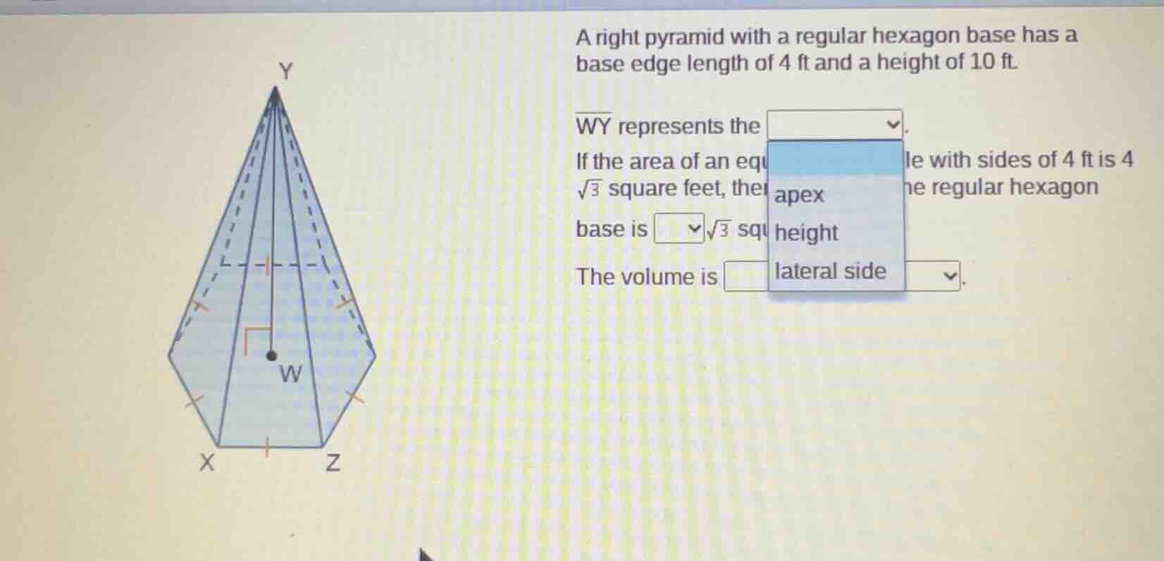 a right pyramid with a regular hexagon base has a base edge length of 4…
