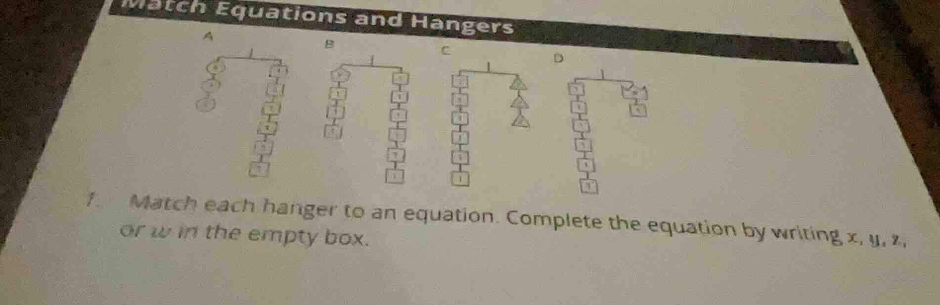 match equations and hangers 1. match each hanger to an equation. comple…